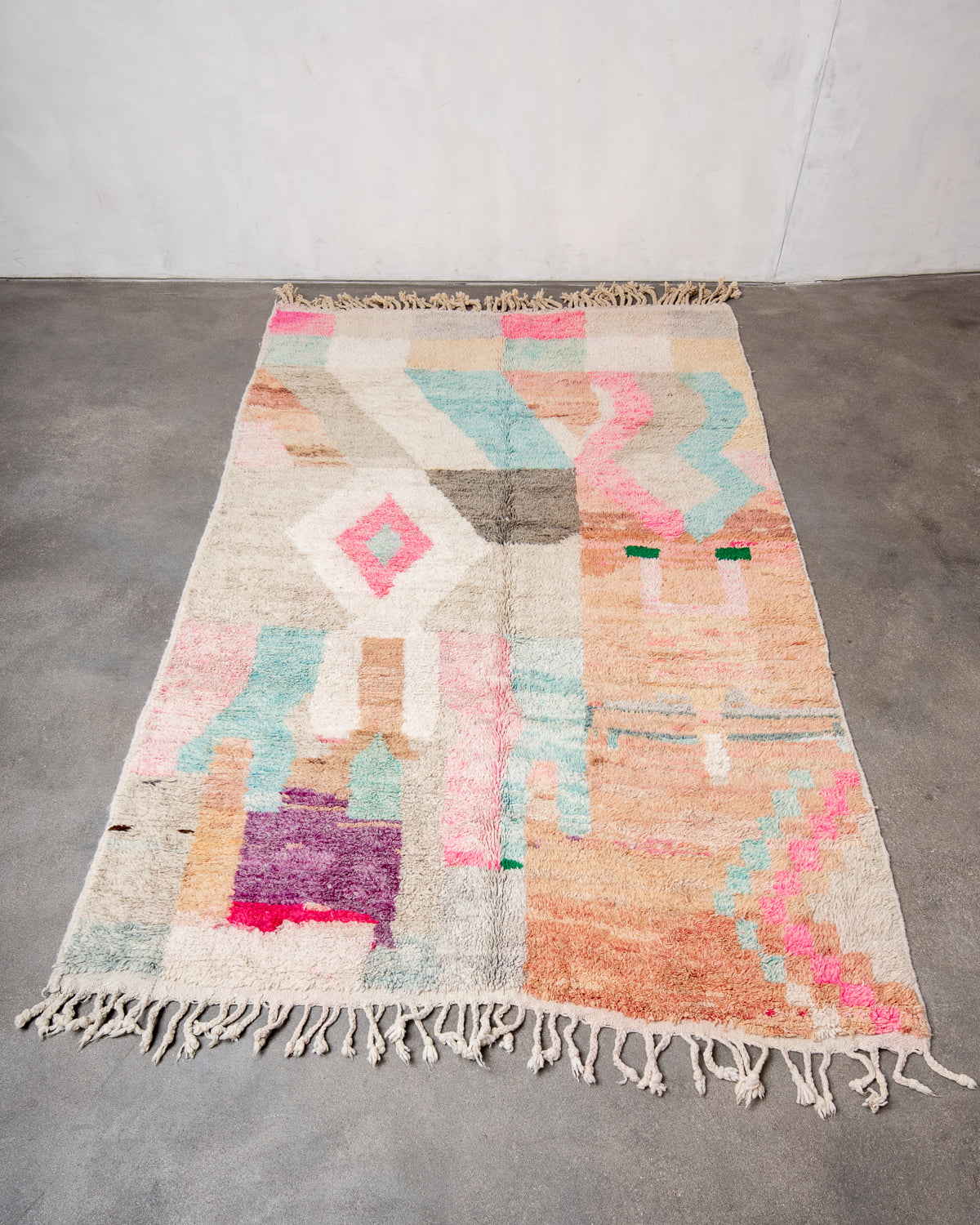 Modern, designer, handcrafted Berber rug from Morocco. Vintage carpet with beautiful colours and patterns and fluffy texture.